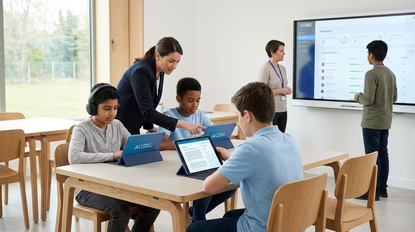 Teacher helping students use an AI reading tool to understand a digital text in class