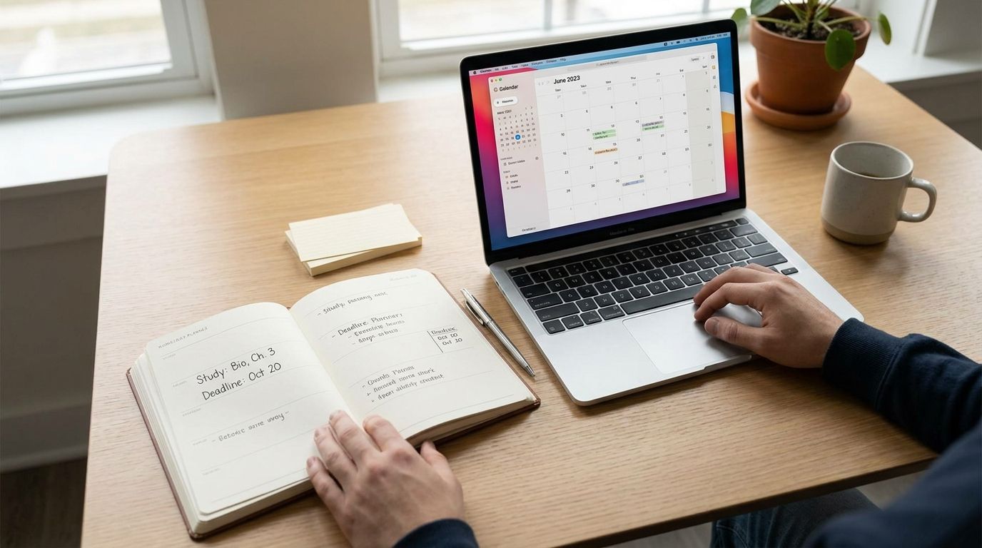 Student organizing multiple assignment deadlines in a planner while studying at a desk